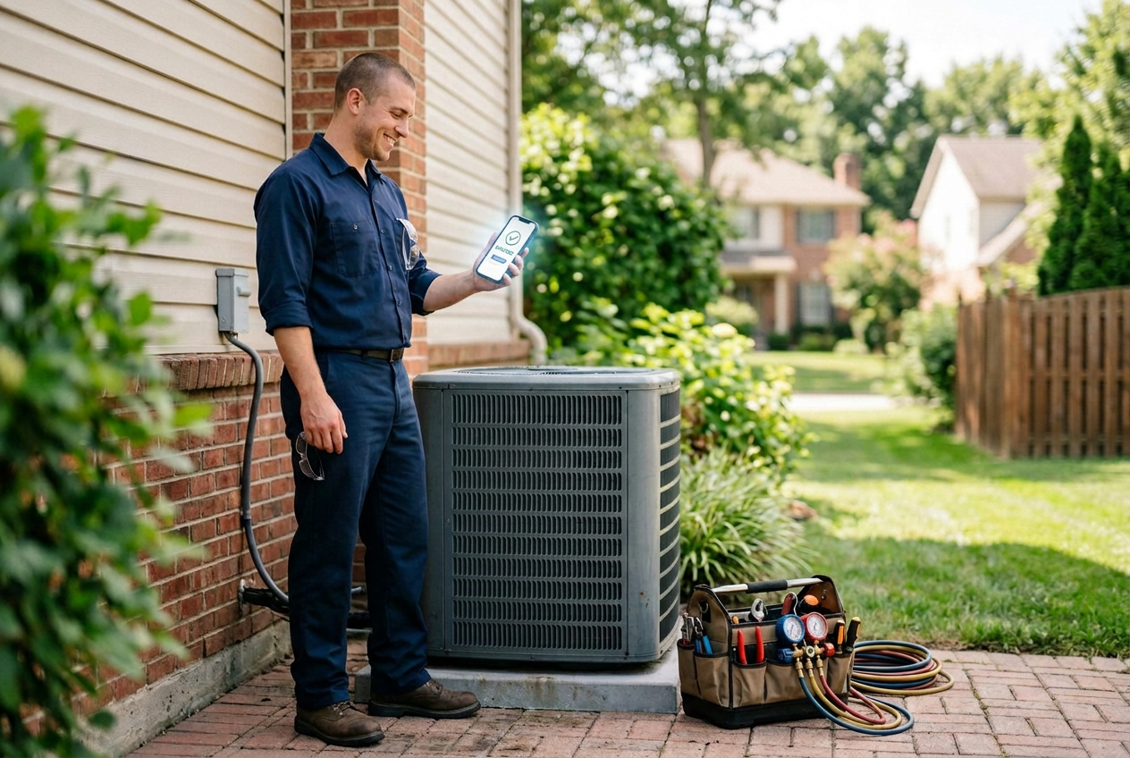 HVAC technician on a job smiling at his phone after a new appointment was booked for him