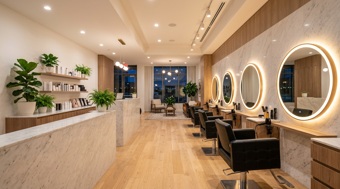 Interior of Divas' Hair Studio with styling chairs and round mirrors