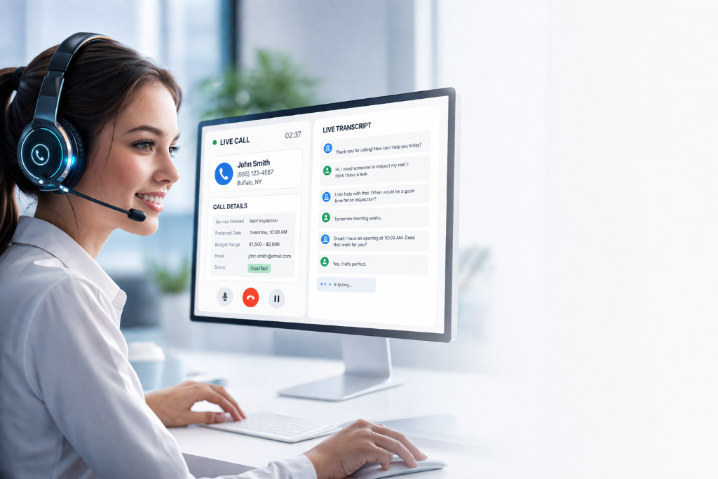 AI receptionist wearing a headset at a desk beside a computer monitor displaying live call transcript details