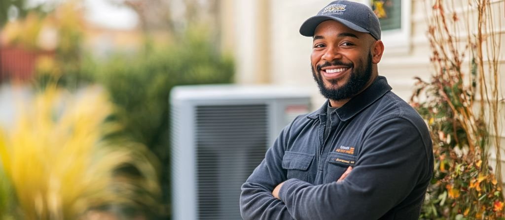 HVAC technician standing beside an air conditioning unit