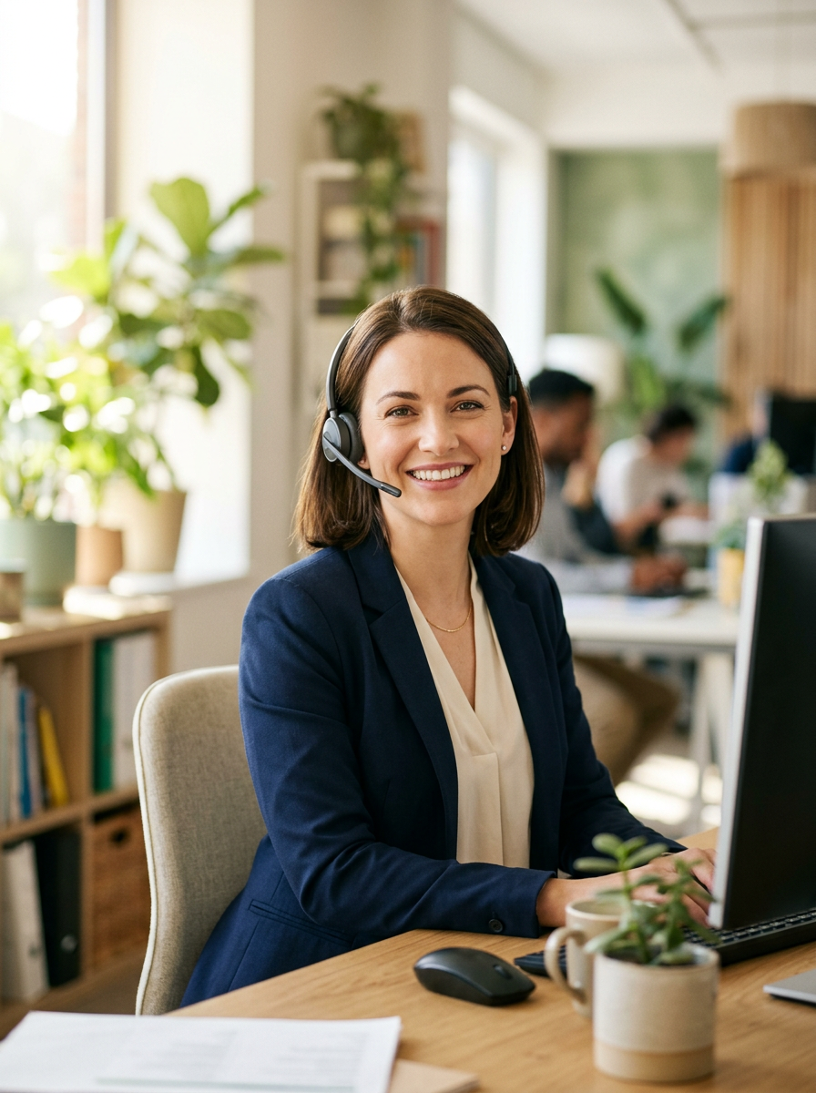 Smiling receptionist wearing a headset at her desk in a bright office